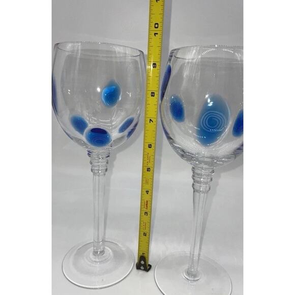 Stephen Kramer for Vietri Wine Glasses Italy Blue Swirl Dot Goblet 9.5”x3”& 8.5” - Picture 8 of 10